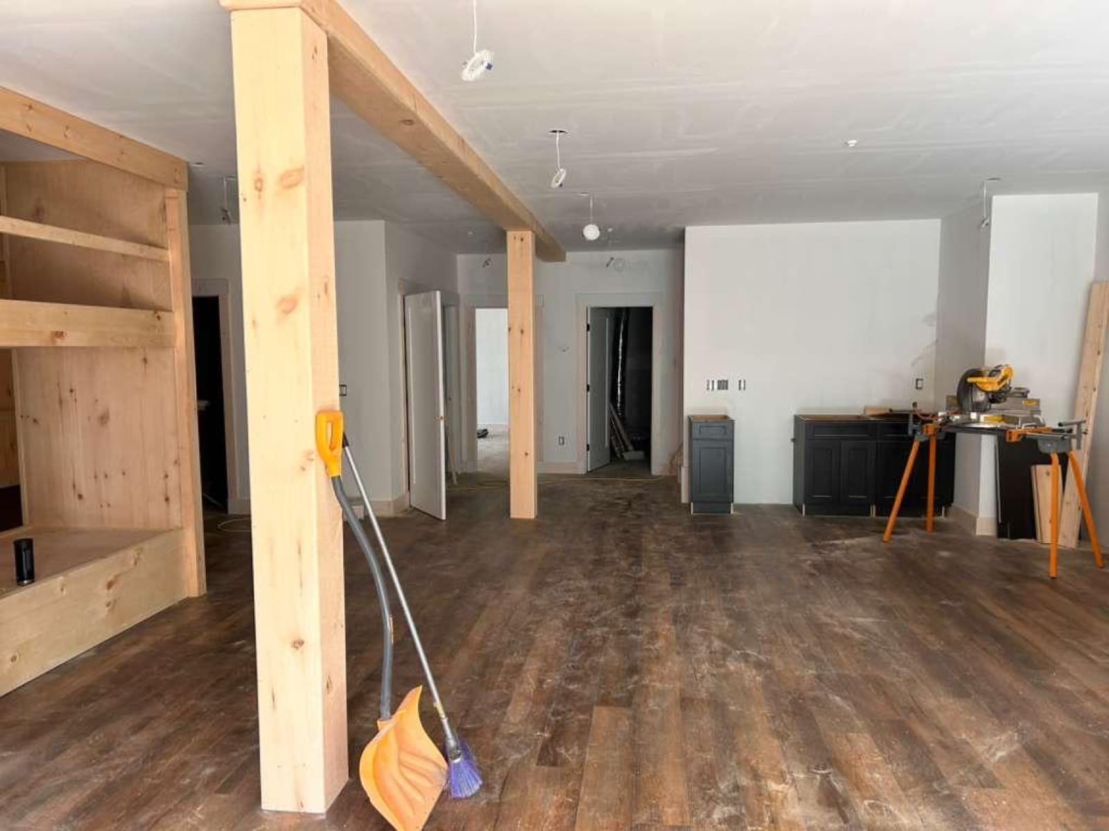 Open-plan build-out with post-and-beam frame