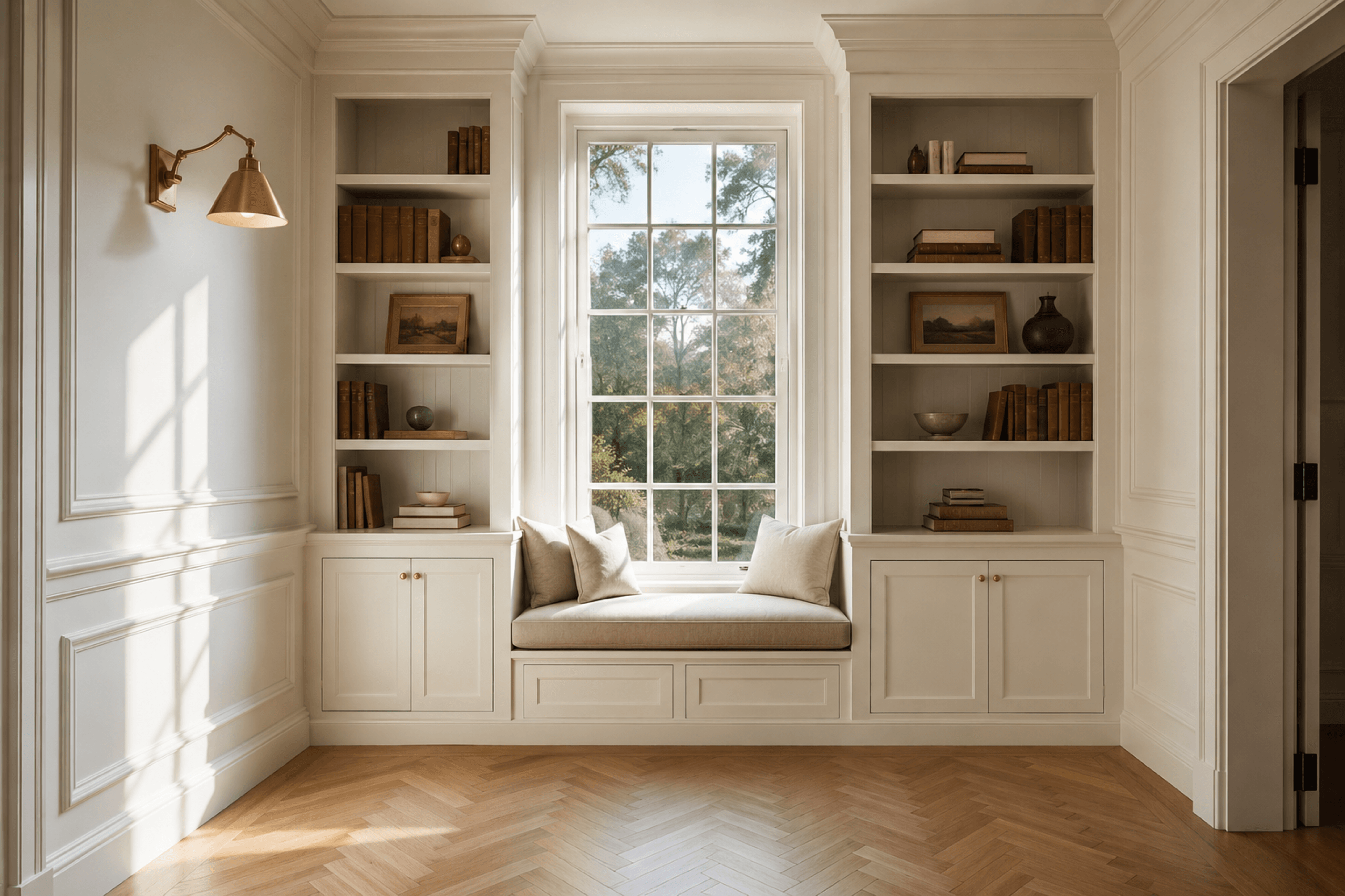 Built-in window seat and cabinetry in warm wood room